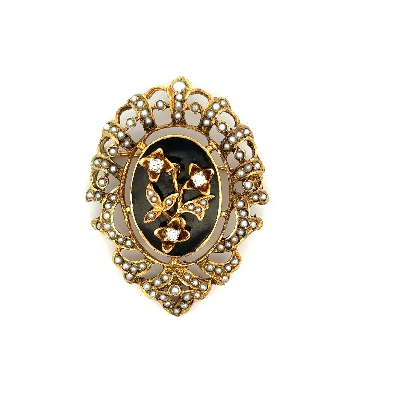 casual pin brooches for women-Vintage Onyx, Seed Pearl and Diamond Brooch in Yellow Gold