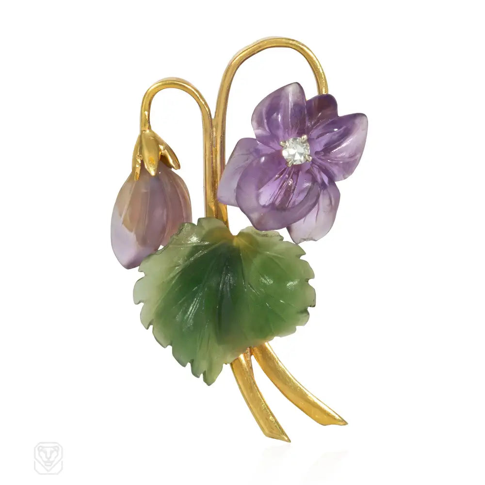 antique brooches for women-Retro carved amethyst and nephrite flower brooch