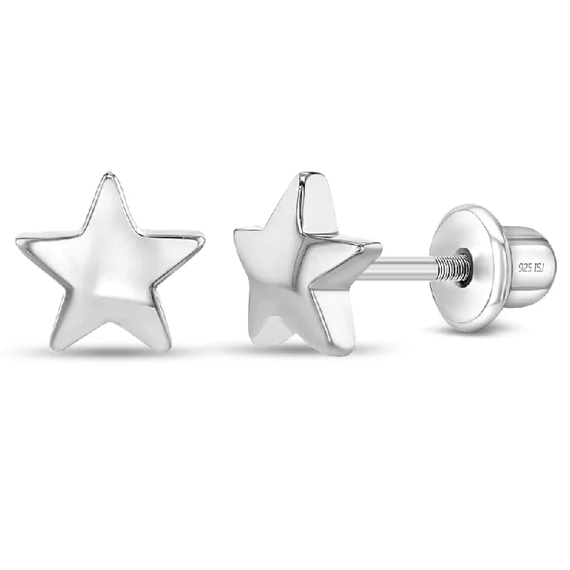 silver hoop earrings for women-Classic Polished Star Kids Earrings - Screw Back