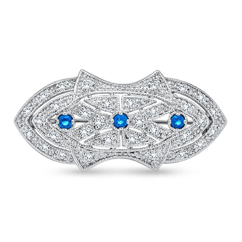 pearl-encrusted brooches for women-Art Deco Brooche Pin with Blue CZ Simulated Sapphire on Silver Plated Brass