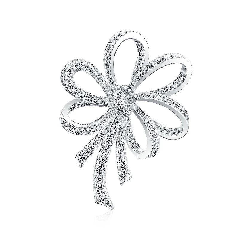 cute brooches for women-Large Ribbon Statement Pave Cubic Zirconia CZ Scarf Bow Brooch Pin