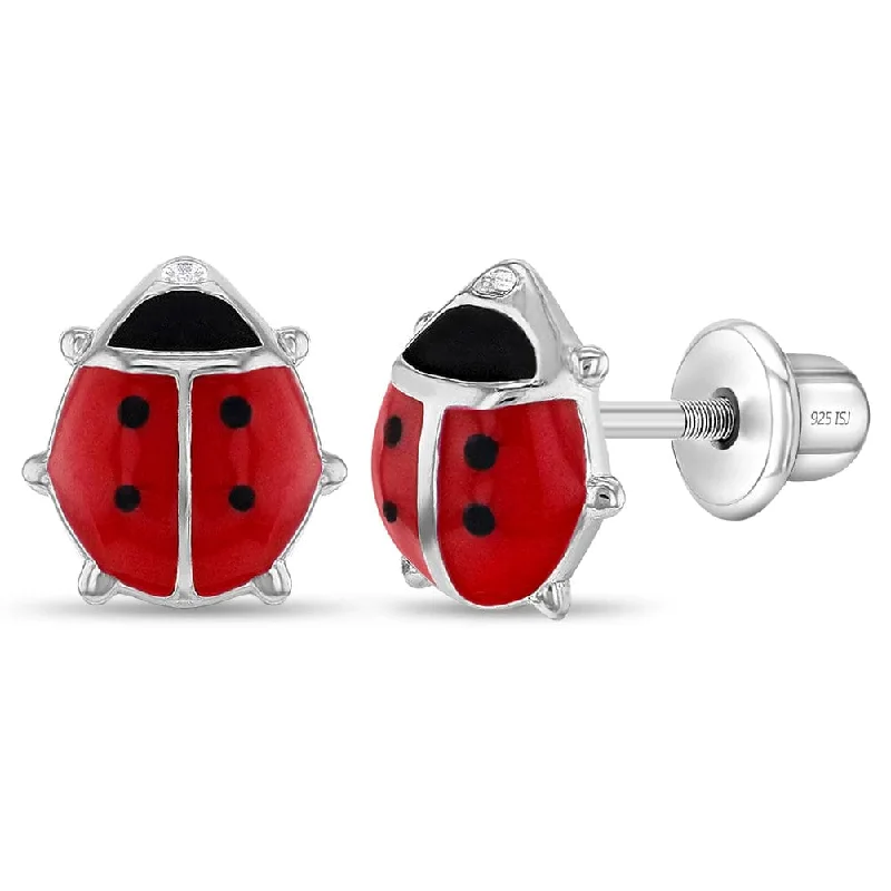 rainbow earrings for women-Adorable Red Enamel Ladybug Girl Earrings - Screw Back