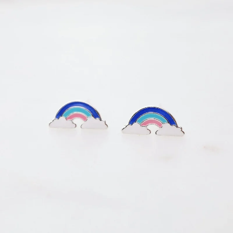 large earrings for women-Enamel Rainbow in Clouds Post Earrings - Blue, Light Blue, & Pink