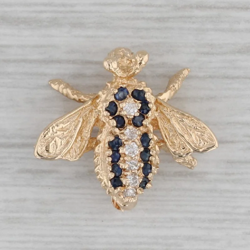 affordable engagement rings for women-0.20ctw Blue Sapphire Diamond Small Bee Pin 14k Yellow Gold