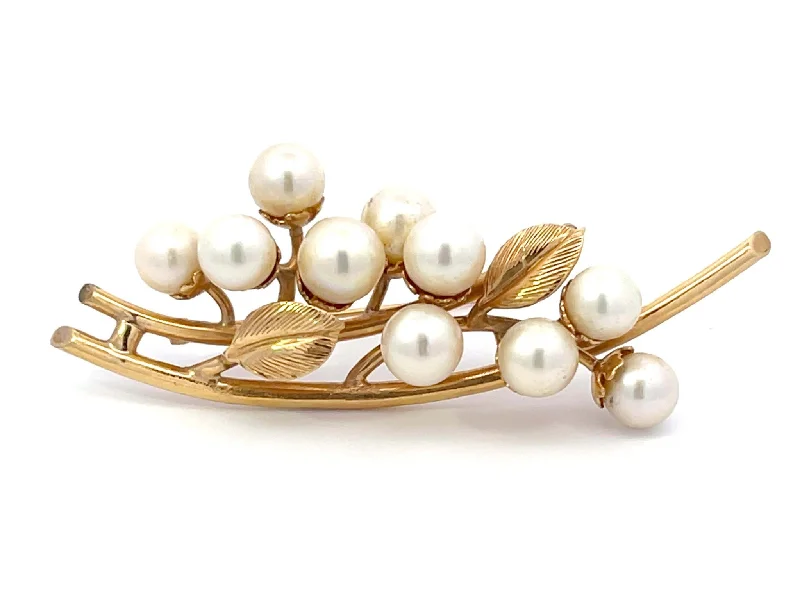 custom brooches for women-Mings Akoya Pearl Leaf Branch Brooch in 14k Yellow Gold