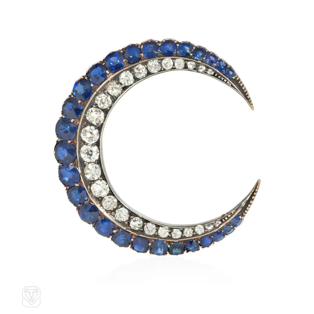 small brooches for women-Antique diamond and sapphire crescent brooch