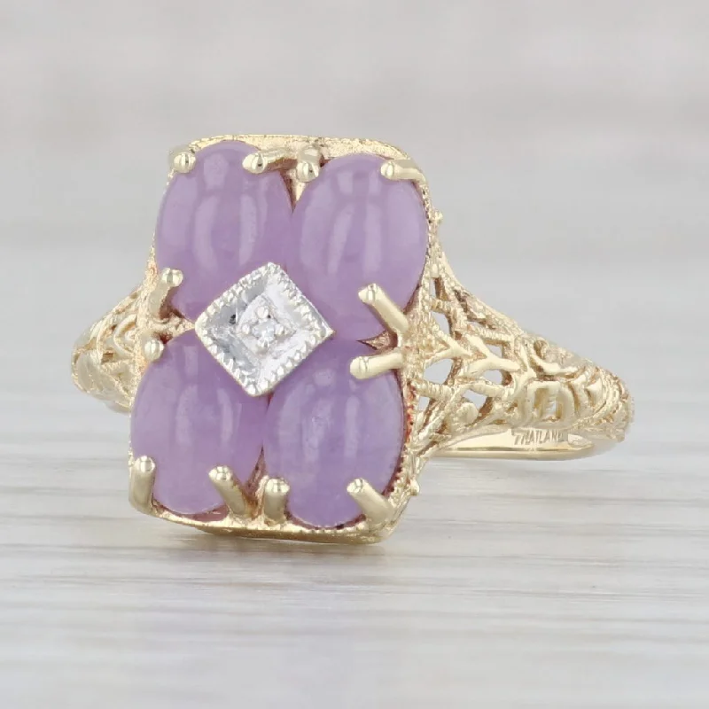 engagement rings with diamonds for women-Lavender Jadeite Jade Diamond Filigree Ring 14k Yellow Gold Size 8