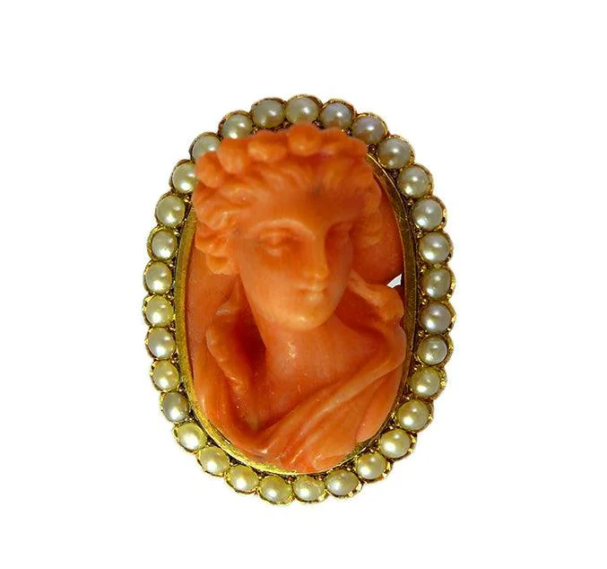 embroidered brooches for women-Victorian Coral & Seed Pearl Cameo Brooch