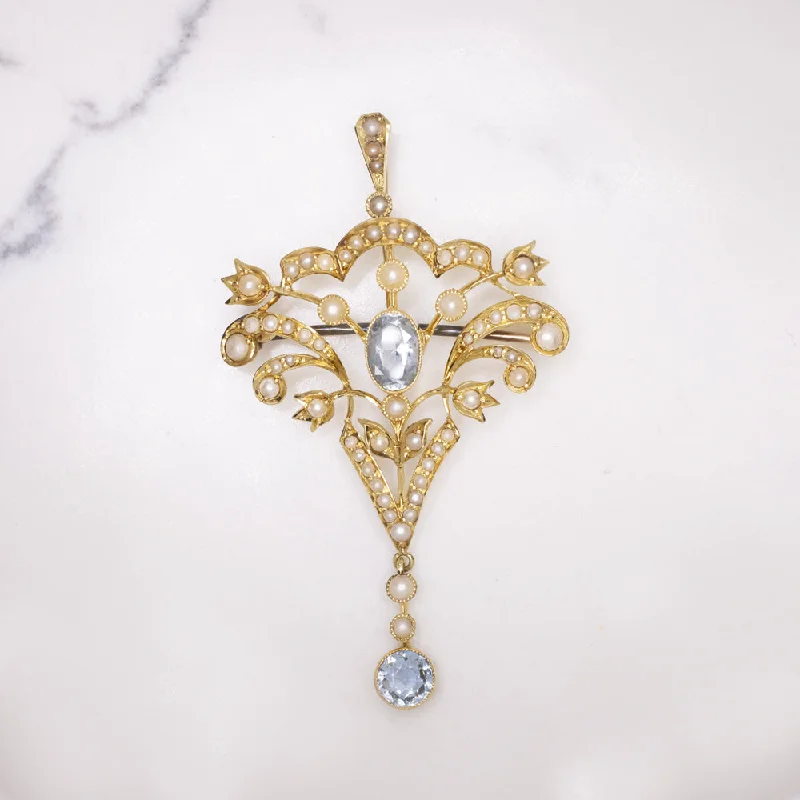 rhinestone brooches for women-ANTIQUE AQUAMARINE PEARL PENDANT 15k YELLOW GOLD ENGLISH ART NOUVEAU PIN BROOCH