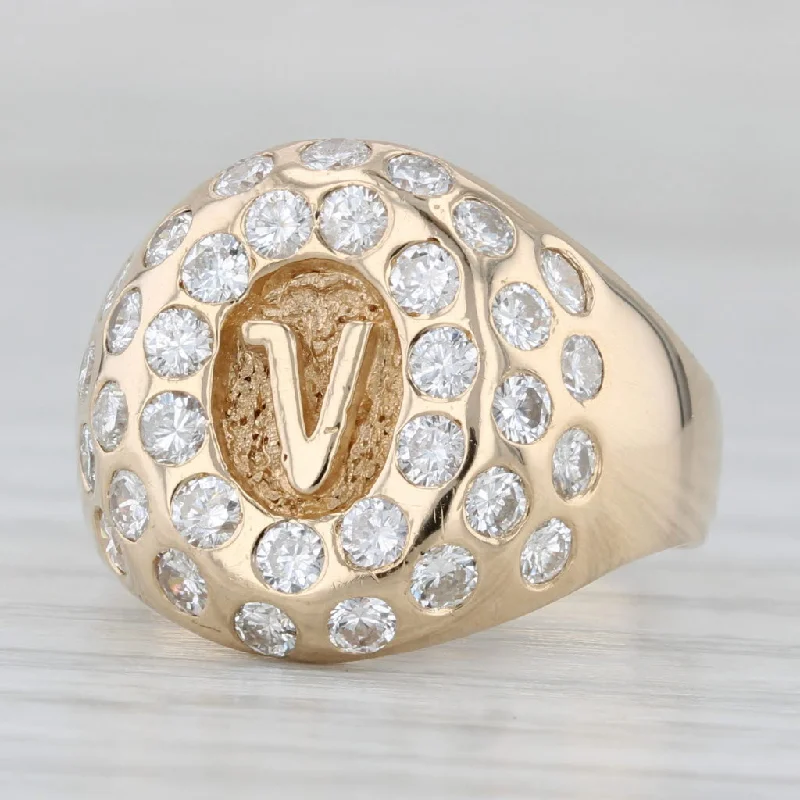 classy engagement rings for women-1.10ctw Diamond Halo Initial Letter "V" Signet Ring 14k Yellow Gold Size 7