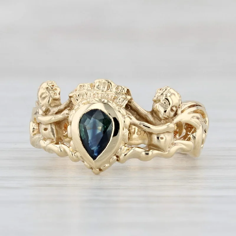 romantic engagement rings for women-0.41ct Blue Sapphire Teardrop Ring 18k Yellow Gold Size 7 Heraldic Cherubs