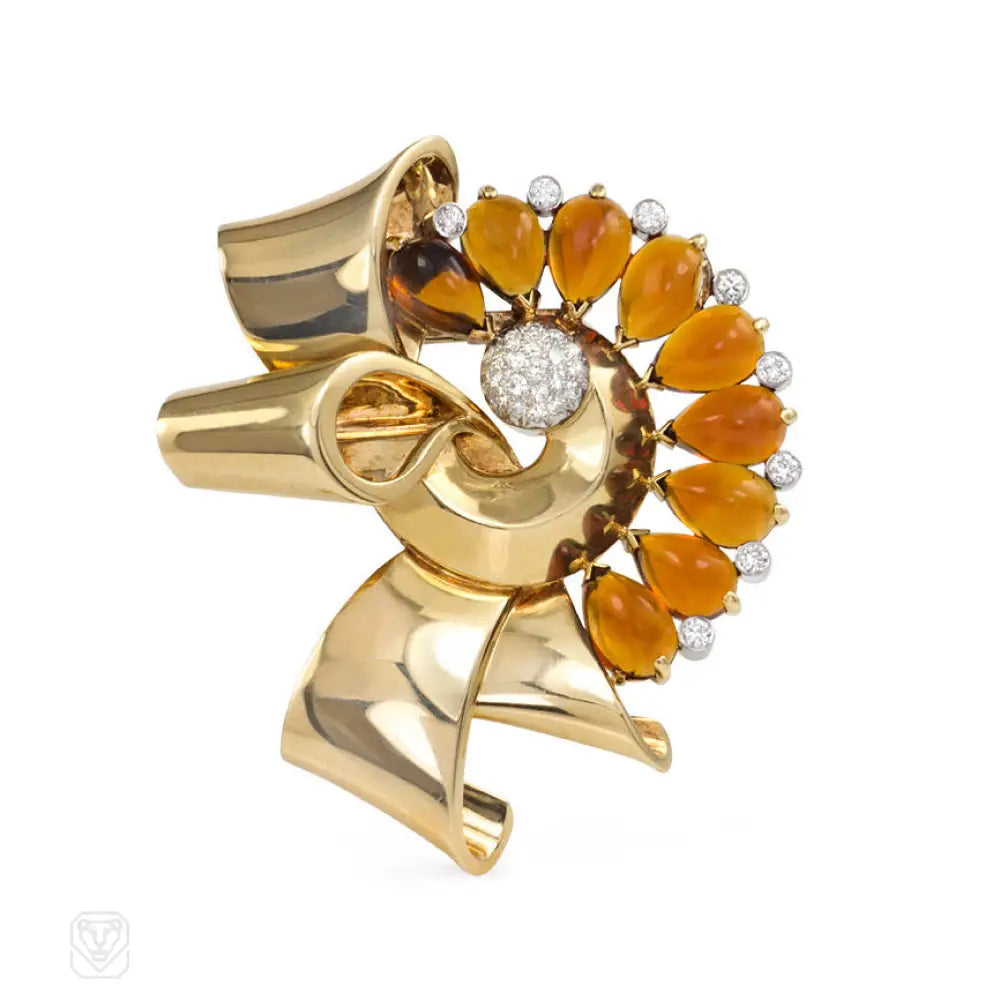 rhinestone brooches for women-Retro citrine and diamond bow brooch