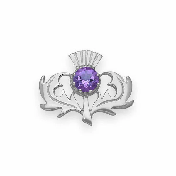 stylish brooches for women-Scottish Thistle Classic Brooch with Amethyst in Silver