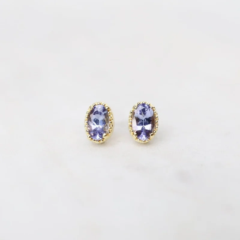 bridal earrings for women-Gold Vermeil Oval Tanzanite with Milgrain Edge Stud Earrings