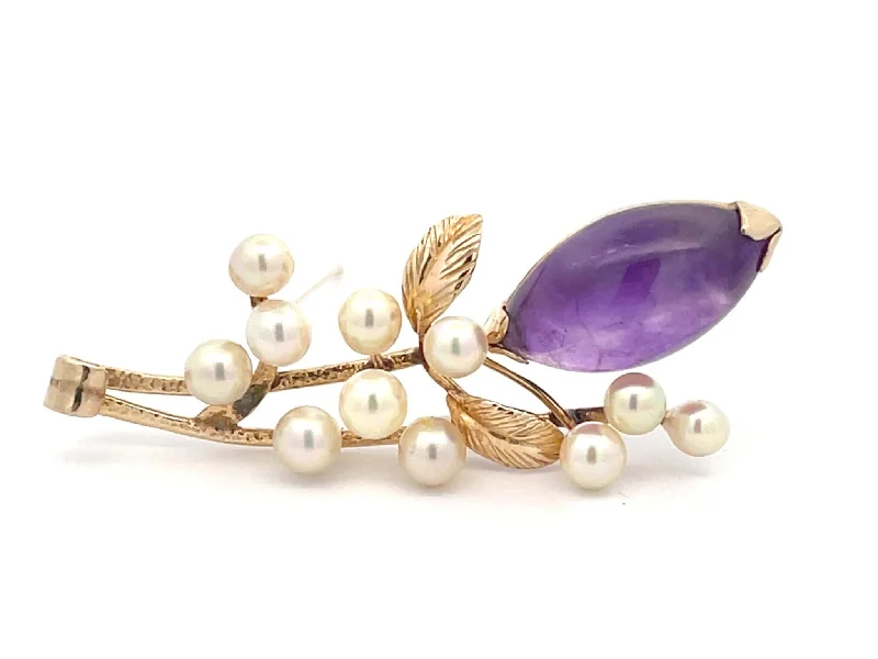 antique brooches for women-Mings Purple Amethyst and Akoya Pearl Brooch in 14k Yellow Gold