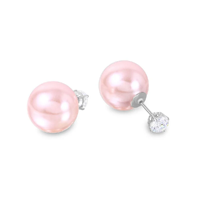 party earrings for women-Silver 925 Rhodium Plated CZ Pink Synthetic Pearls Front and Back  - STE00994PNK