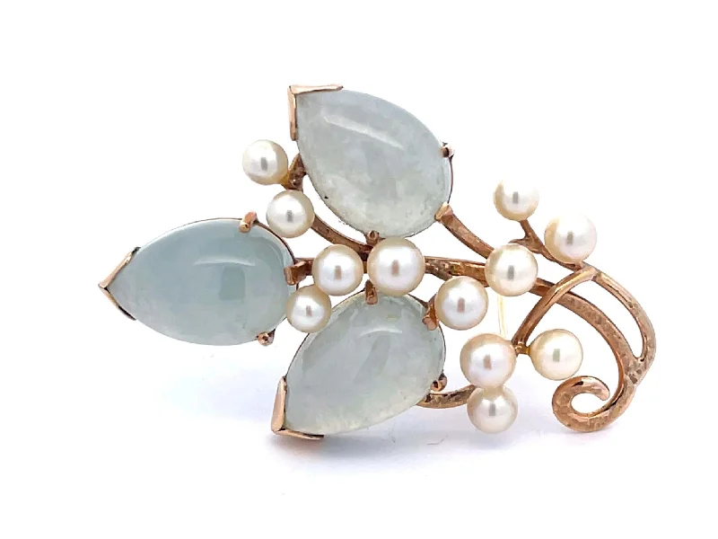 cute brooches for women-Mings Light Jade Leaf and Pearl Branch Brooch in 14k Yellow Gold