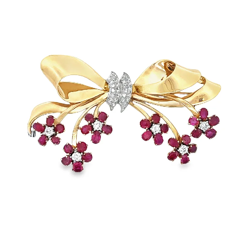 vintage pin brooches for women-Statement Vintage Retro Era Ruby and Diamond Bow Brooch