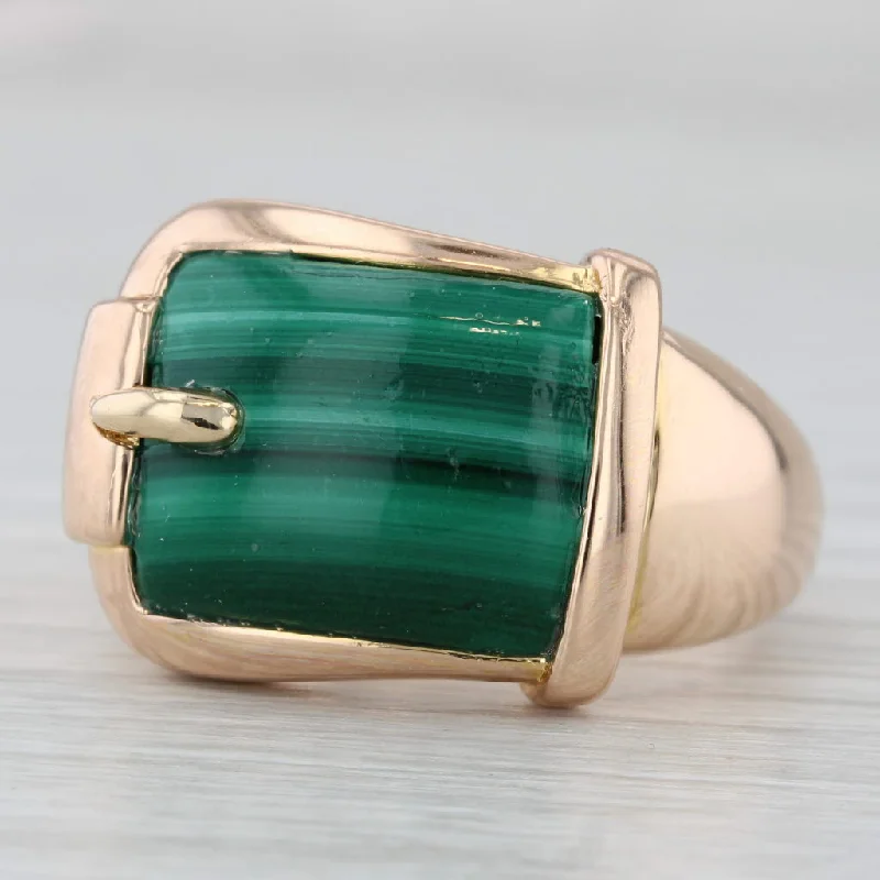 custom-designed engagement rings for women-Vintage Green Malachite Belt Buckle Ring 14k Rose Gold Size 8.25