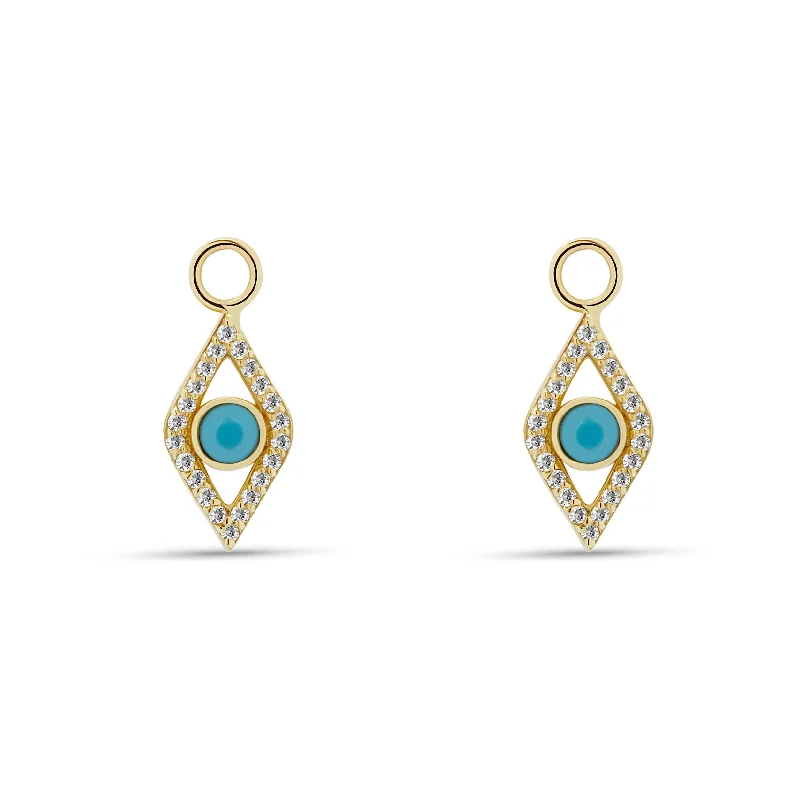 pearl drop earrings for women-Evil Eye Diamond Turquoise Charms for Hoops - 14 karat gold, diamonds 0.23ct, turquoise 0.1ct