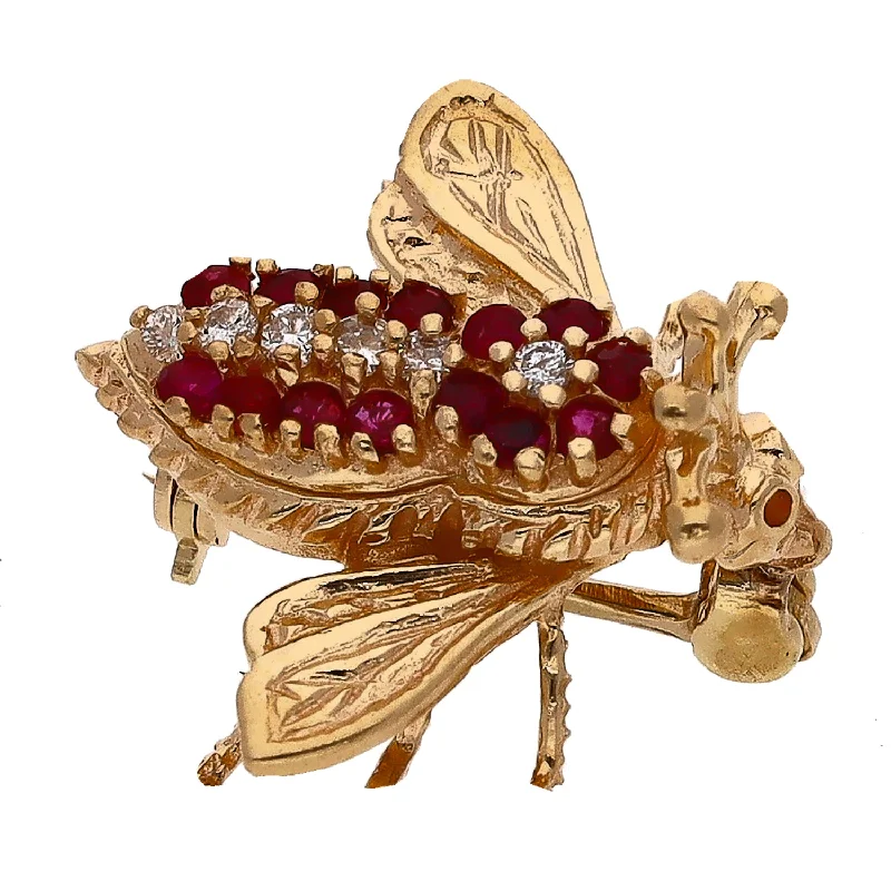 bohemian brooches for women-14K Yellow Gold Ruby and Diamond Bee Pin/Brooch