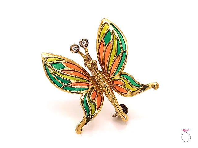 chic rhinestone brooches for women-Vintage Butterfly Enamel & Diamond Brooch in 18K Yellow Gold