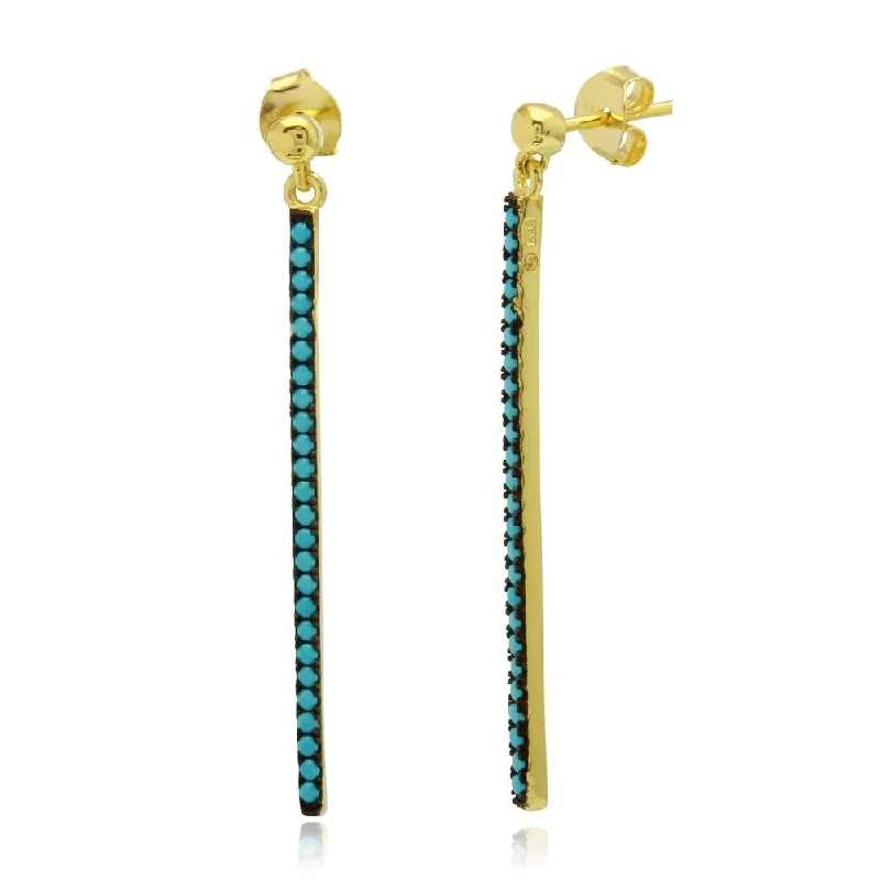 animal print earrings for women-Gold Plated 925 Sterling Silver Dangling Bar with Turquoise Beads - BGE00542