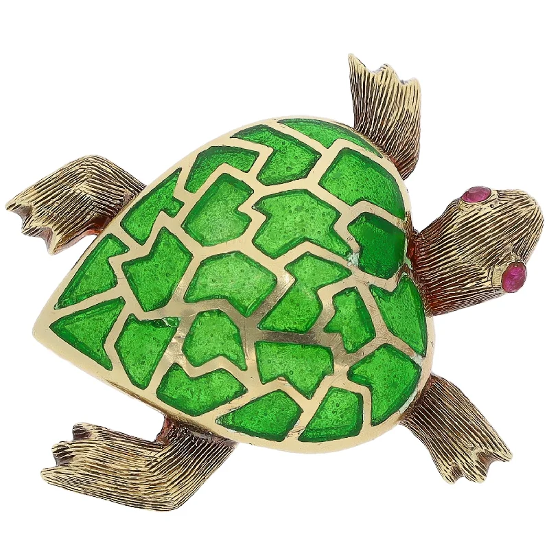 statement animal brooches for women-14K Yellow Gold and Enamel and Ruby Turtle Pin/Brooch