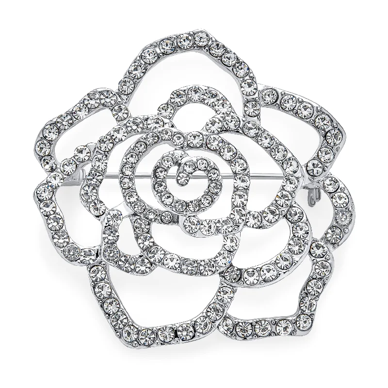 soft enamel brooches for women-Sparkling Rose Flower Brooche Pin with Crystals Silver Tone Rhodium Plated