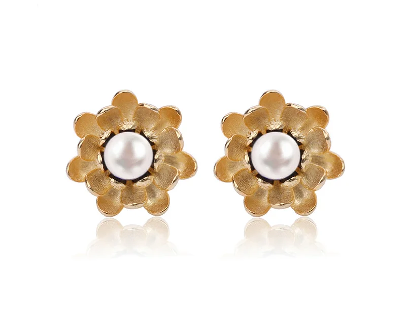 butterfly earrings for women-Pearl Lotus Stud Earring