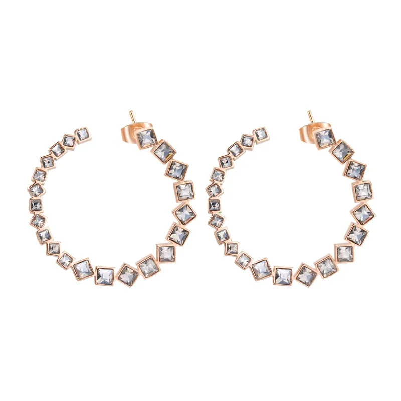 art deco earrings for women-Stainless Steel Rose Gold Tone Hoop Stud Earrings with Clear Crystals