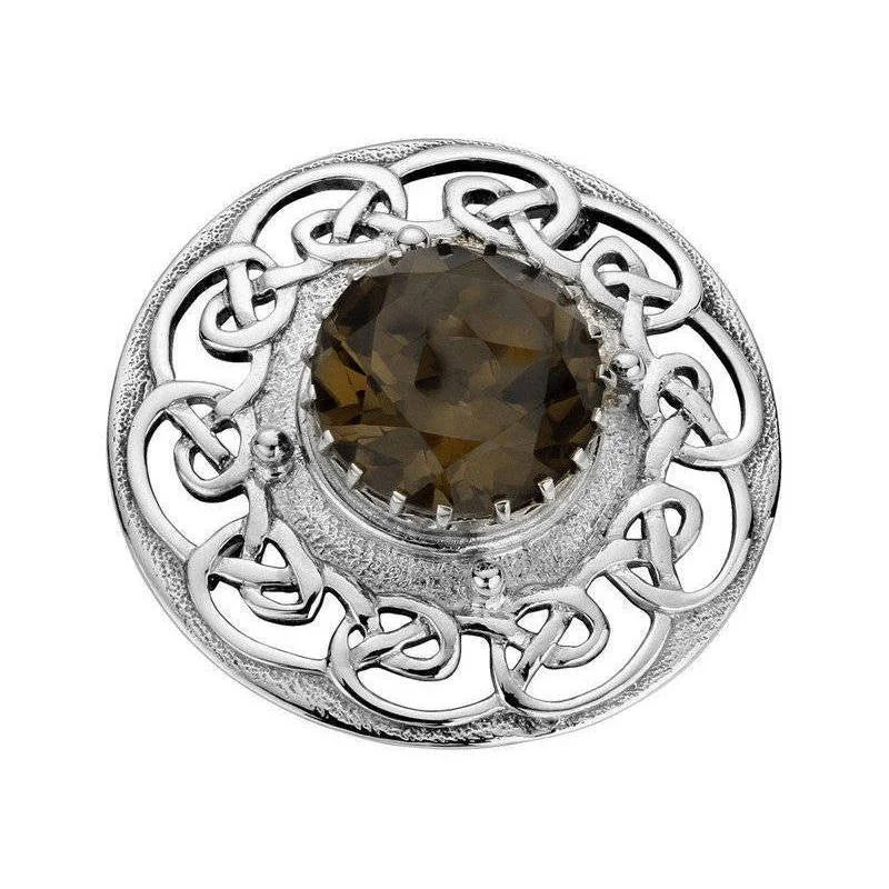 luxury floral brooches for women-Smoky Quartz Brooch with Celtic Surround in Silver