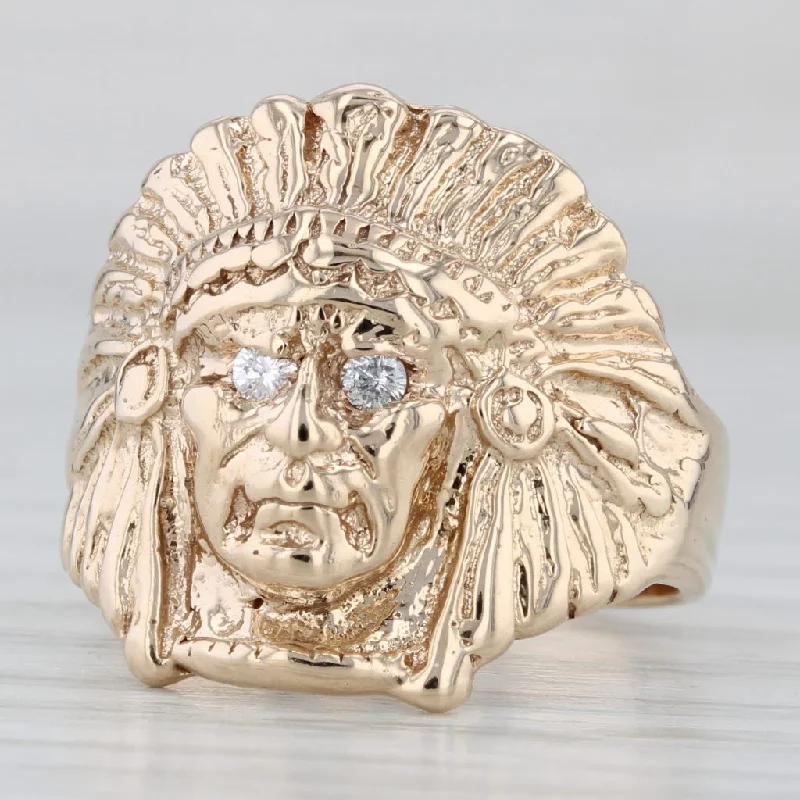 diamond engagement rings for women-Vintage Native American Indian Head Bust Ring Diamond 14k Yellow Gold Size 7.5