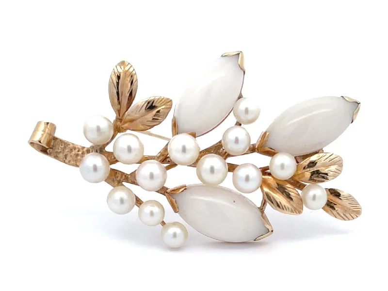 heart-shaped brooches for women-Mings White Jade and Pearl Branch Brooch in 14k Yellow Gold