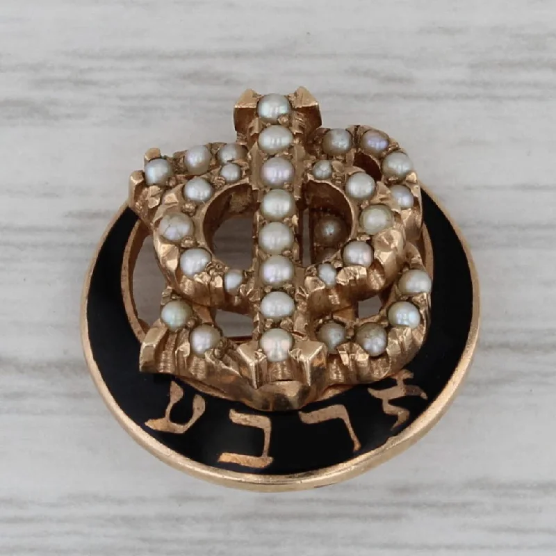 stackable engagement rings for women-Gamma Phi Beta Sorority Pin 10k Gold Pearls Enamel Vintage Crescent Badge