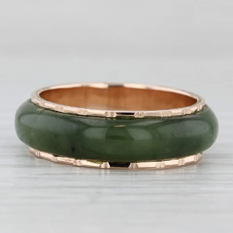 mixed metal engagement rings for women-Green Nephrite Jade Band Gold Bamboo Pattern 14k Size 8.25 Ring