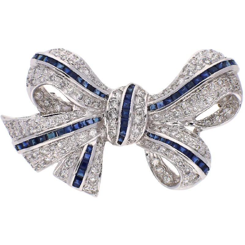 antique gold brooches for women-18K White Gold Diamond and Sapphire Bow Brooch/Pin