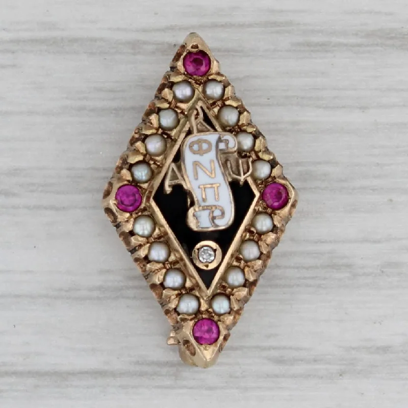 geometric engagement rings for women-Kappa Alpha Psi Badge 10k Gold Diamond Pearls Synthetic Rubies Fraternity Pin