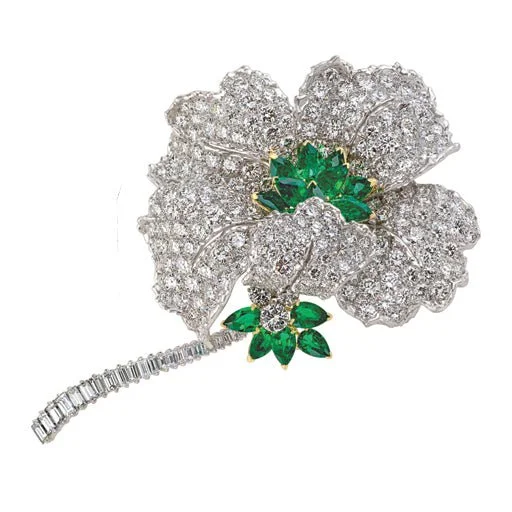 artistic enamel brooches for women-Platinum and 18k Yellow Gold, Emerald and Diamond Flower Brooch