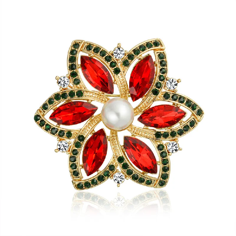 vintage flower brooches for women-Red Marquise Crystal Pearl Poinsettia Flower Brooche Pin Gold Plated Holiday Scarf