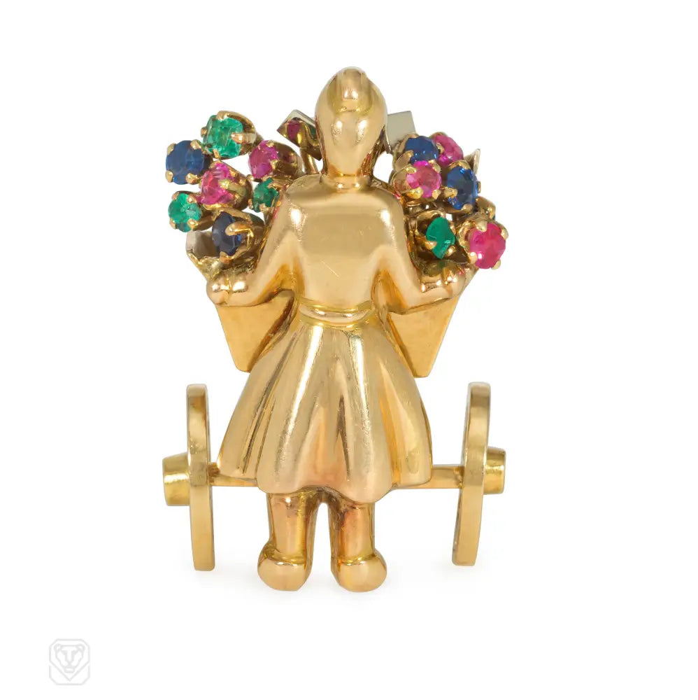 luxury brooches for women-1940s Mellerio multi-gem and gold flower cart brooch