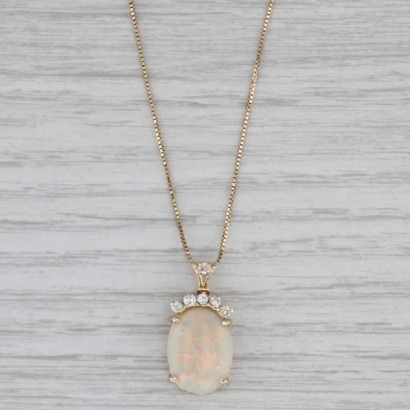 simple engagement rings for women-Opal Oval Cabochon 0.20ctw Diamond Pendant 14k Yellow Gold 20" Box Chain