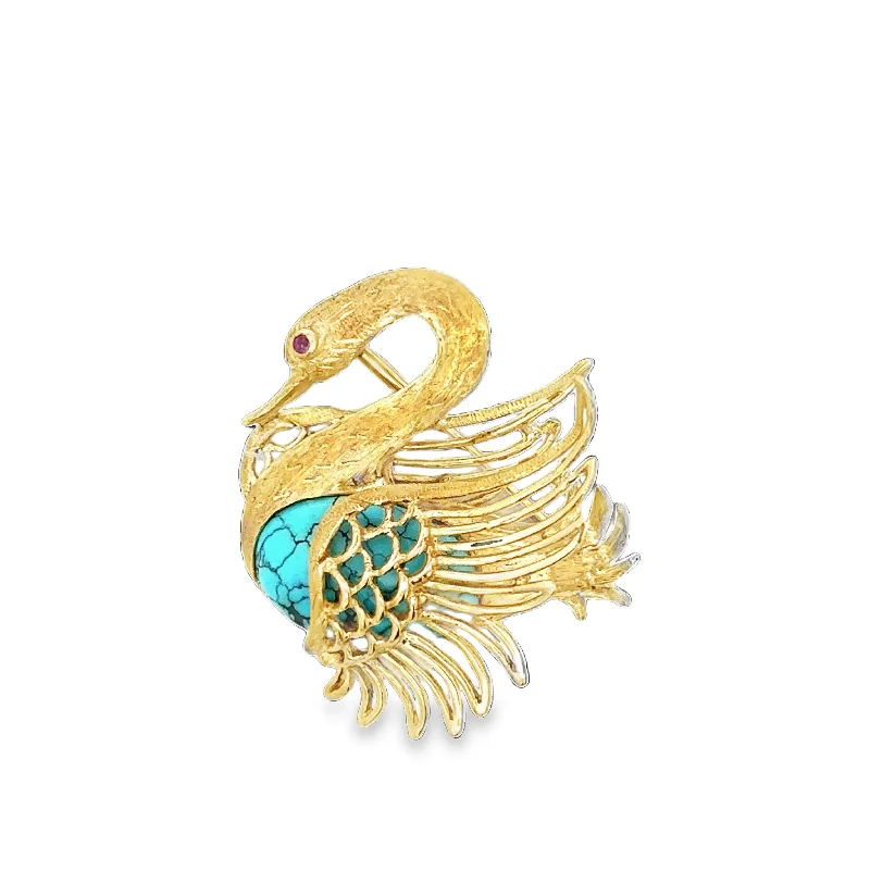 luxury floral brooches for women-Vintage Turquoise Swan Brooch in 18k Yellow Gold