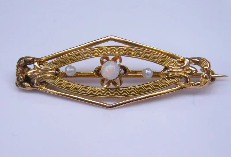 bridal brooches for women-10K ART DECO OPAL & PEARL ART DECO BROOCH