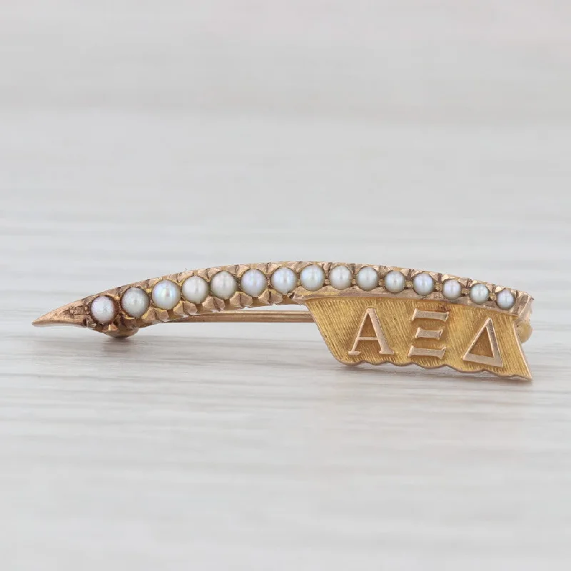 colored gemstone engagement rings for women-Alpha Xi Delta Quill Pin 10k Gold Pearl Vintage Greek Sorority Badge