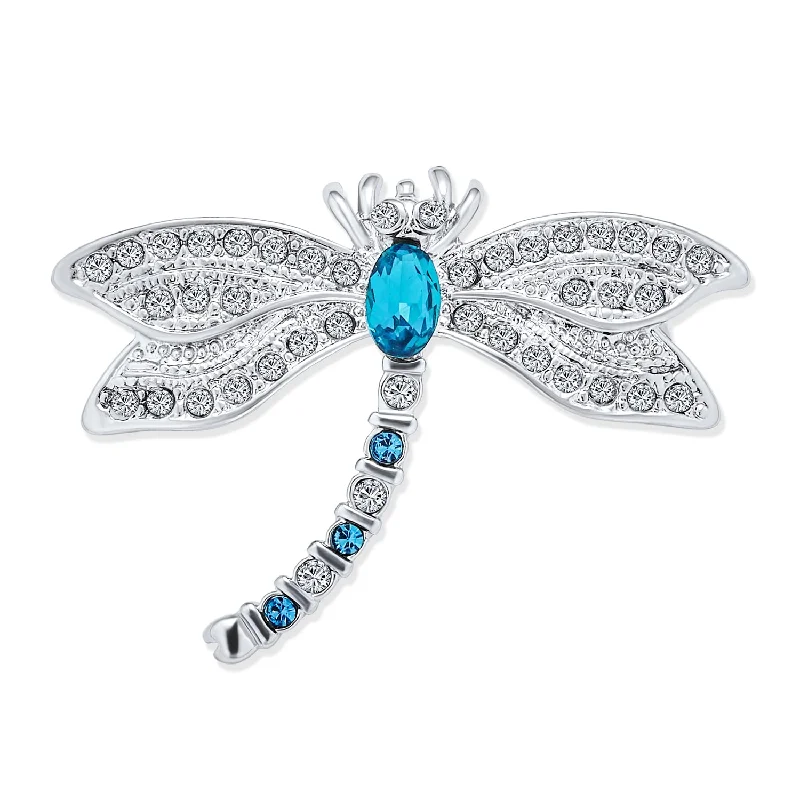 statement brooches for women-Dragonfly Firefly Brooche Pin Blue CZ Sapphire Insect Motif Rhodium Brass