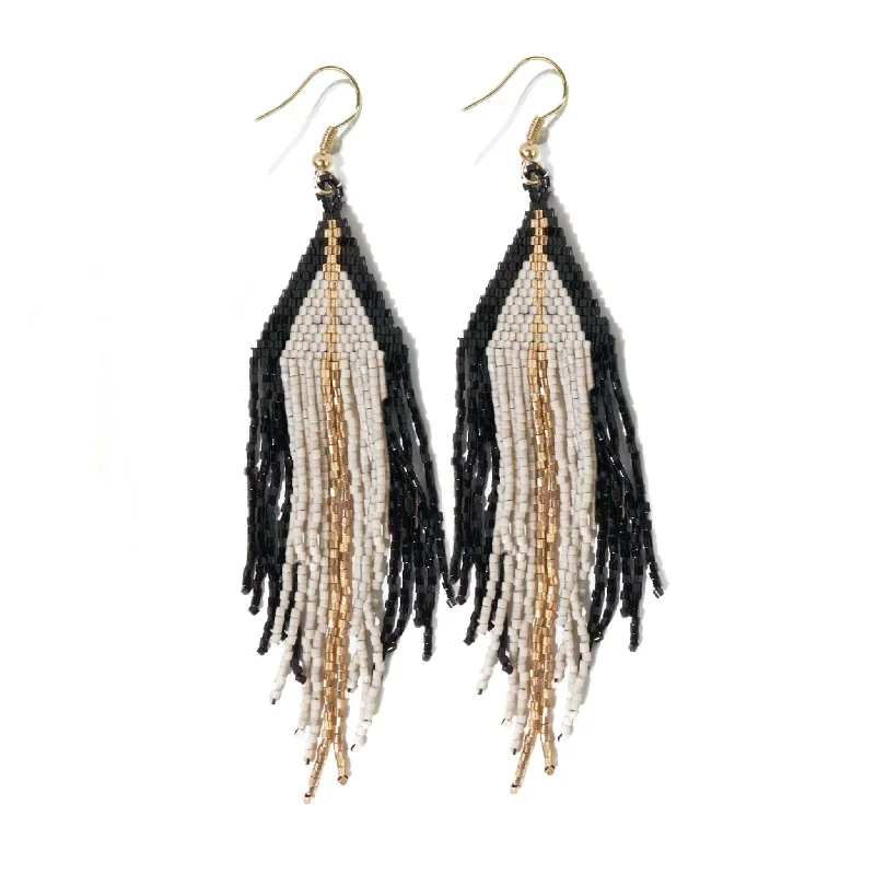 sophisticated earrings for women-Jane Triangle with Gold Stripe Beaded Fringe Earrings