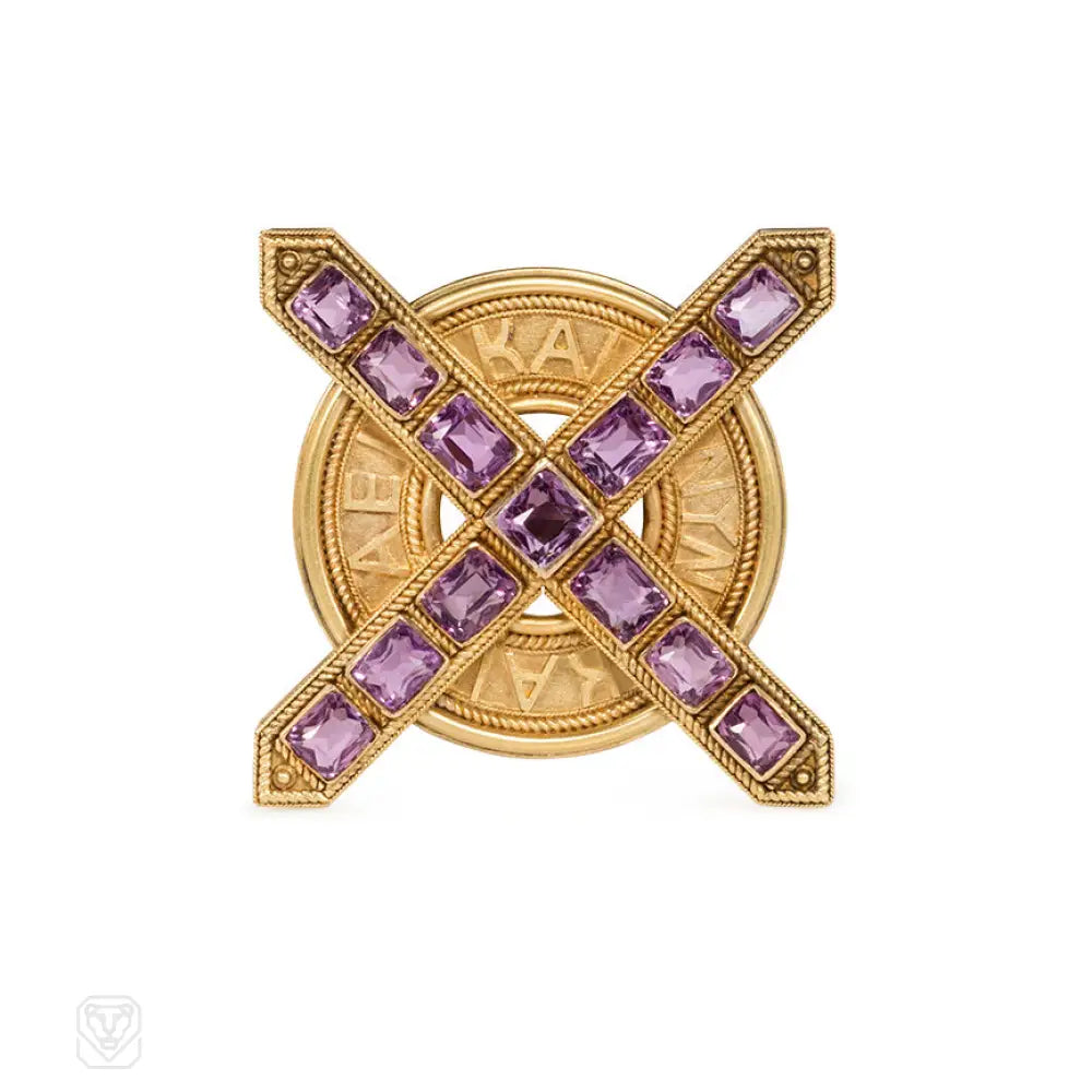 silver gemstone brooches for women-Ernesto Pierret antique Gloria Patri gold and amethyst brooch