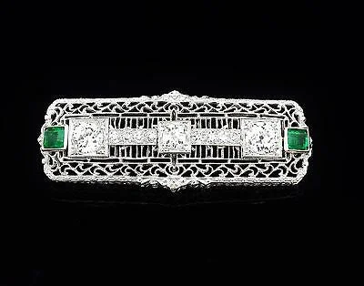 geometric brooches for women-Vintage Brooch Diamond Emerald Platinum & 14K White Gold