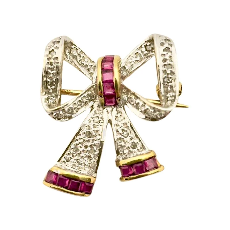 designer enamel brooches for women-Diamond Bow Brooch with a Touch of Rubies